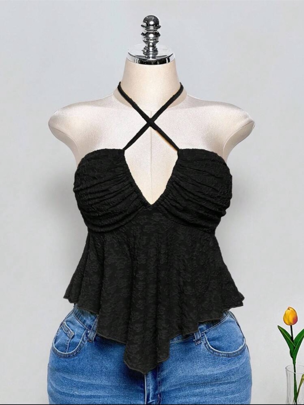 Black Lace Halter Peplum Women's Top